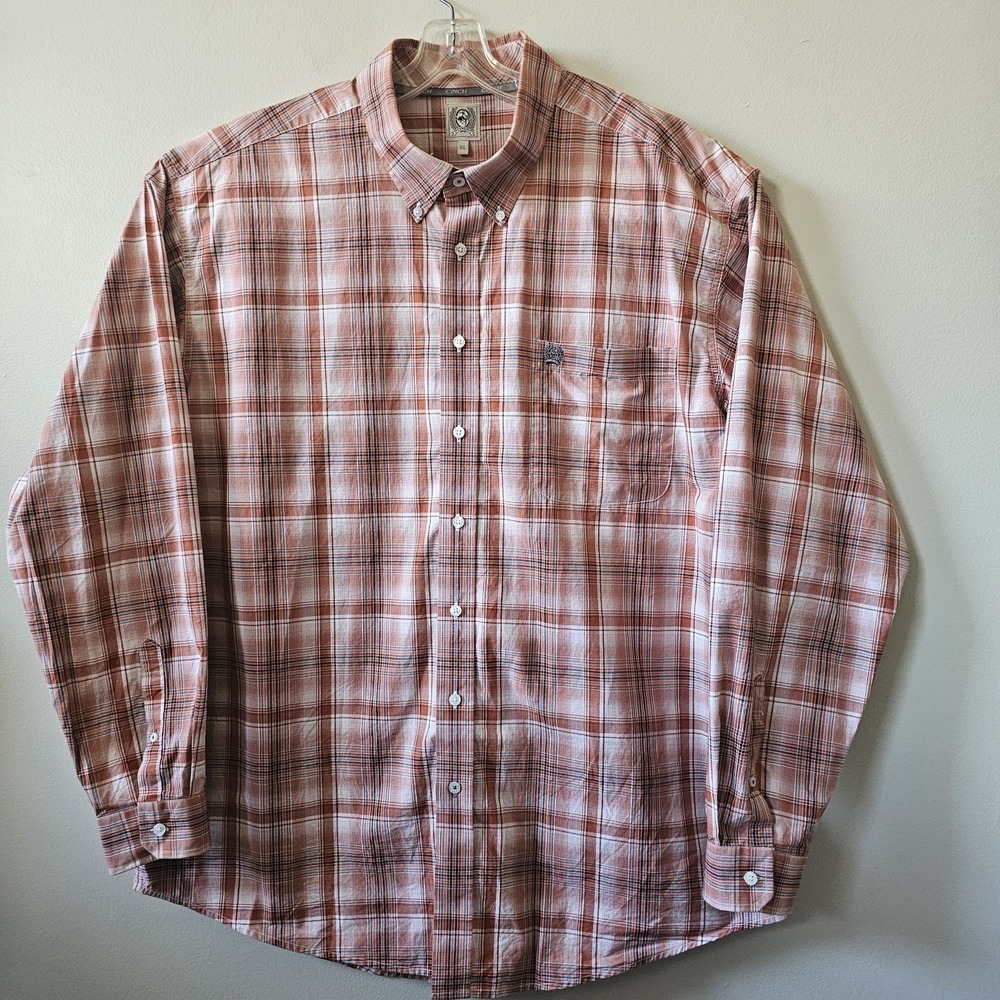 Cinch Western Shirt Men's XL Long‎ Sleeve Button Down Plaid Dark Orange Country